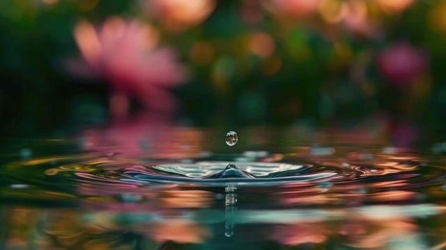 Water droplet sending ripples through a pond, surrounded by flowers