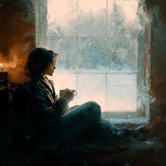 Person looking out of a window on a winters day